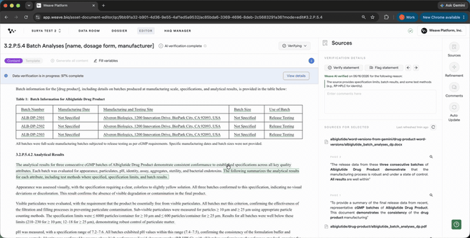 05 — Clicking Verify statement on a selected sentence, green triangle appearing